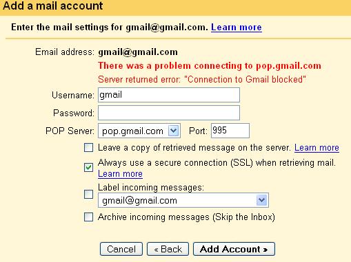 Gmail Mail Fetch Error when Trying to add Gmail Account