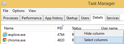 Task Manager Columns Selection
