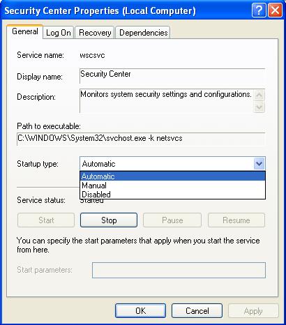 deshabilitar las notificaciones emergentes del centro de seguridad y protección que operan en Windows XP