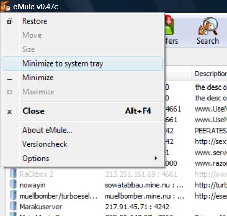 Minimize eMule to system tray in Vista