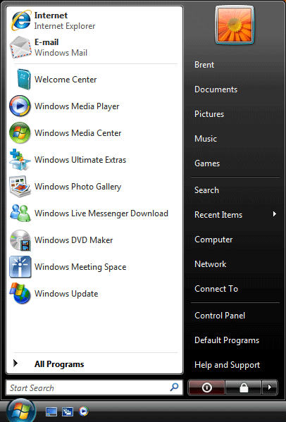 windows 7 start menu items