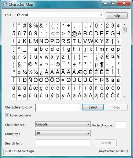 Windows Symbol Character Map