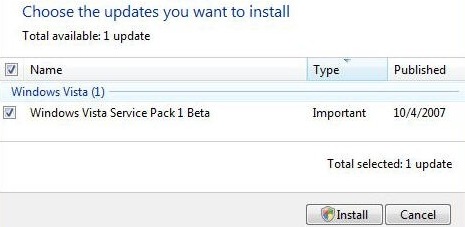 Windows Vista SP1 Beta via Windows Update