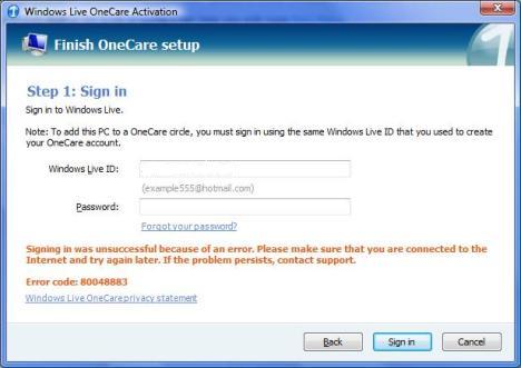 Windows Live OneCare Activation Error