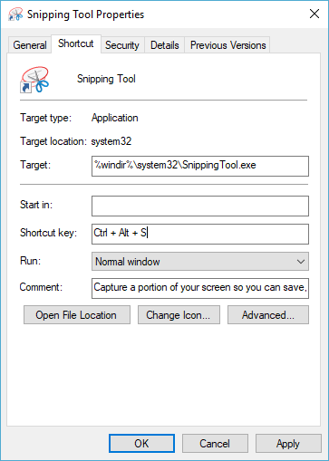 keyboard shortcut for snipping tool windws 7