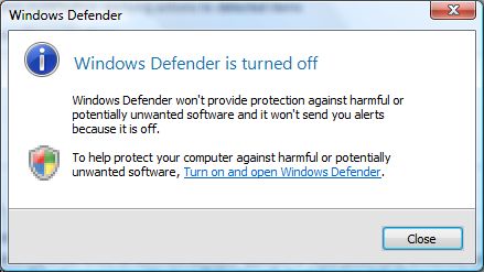 window defender has been turned off