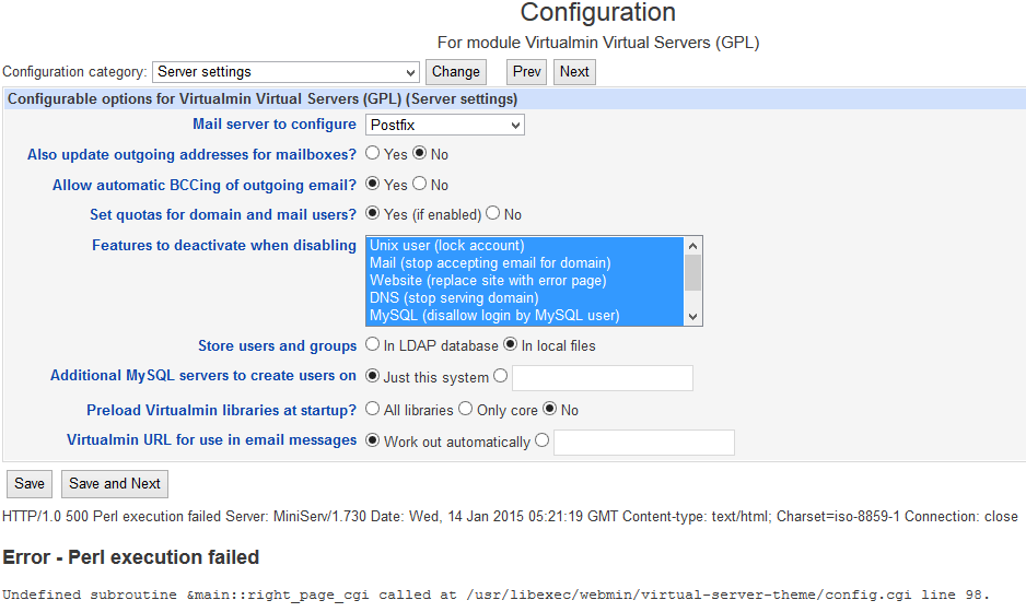 Virtualmin Configuration Error