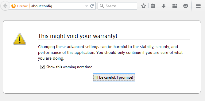 Warning on Entering Firefox about:config