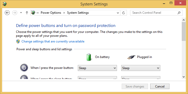 Change Currently Unavailable Power Settings