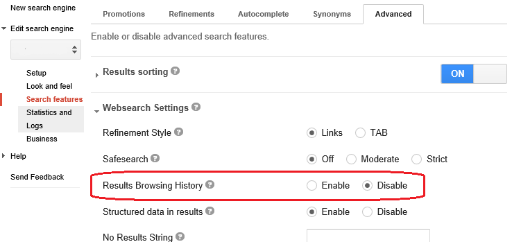 Disable Results Browsing History