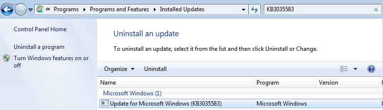 Uninstall KB3035583 Windows 10 Update Notification Tool