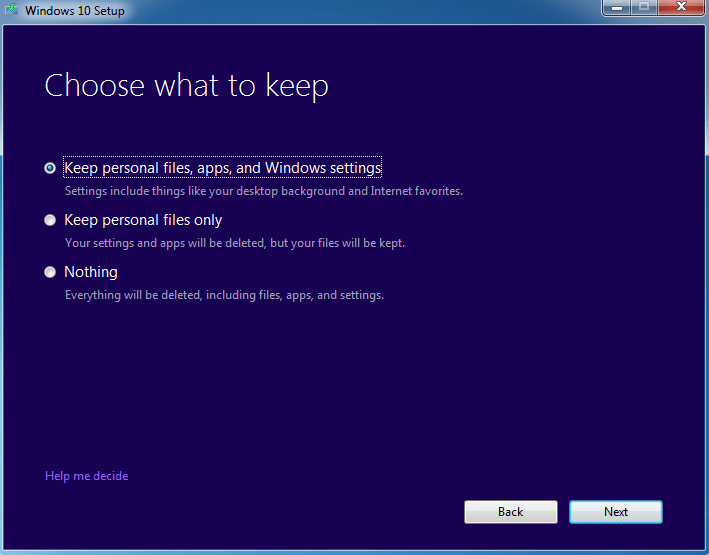 Upgrade to Windows 10 Selection of Keeping Options