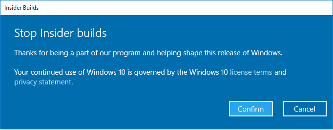 Confirm Leaving Windows Insider and Unlink Windows 10