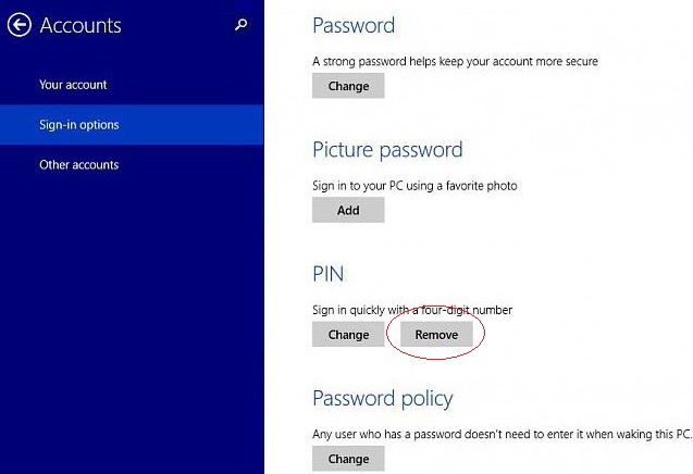 Disable PIN in Windows 8 and Windows 8.1