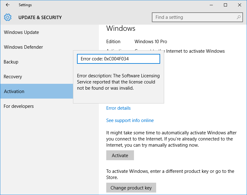 0xC004F034 Windows 10 Activation Error