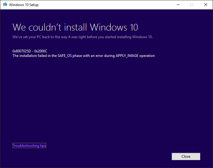 feature update to windows 10 version 1607 failed