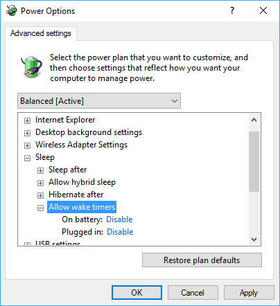 Disable Allow Wake Timers