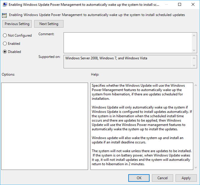 Enabling Windows Update Power Management to automatically wake up the system to install scheduled updates