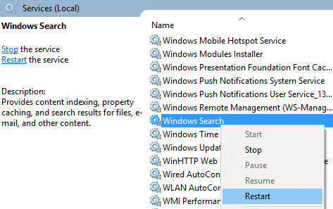Restart Windows Search Service