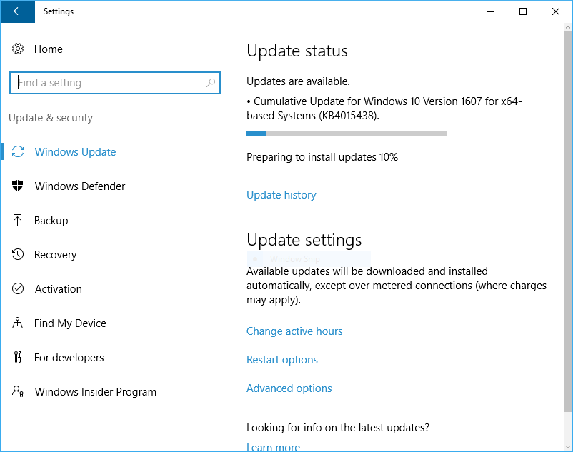 windows 10 update 1607 stuck
