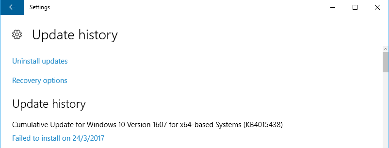 windows update 1607 failed