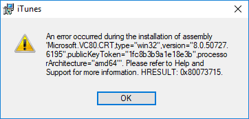 iTunes Microsoft.VC80.CRT Installation Error