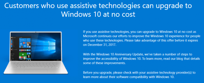 Free Windows 10 Upgrade for Accessibility