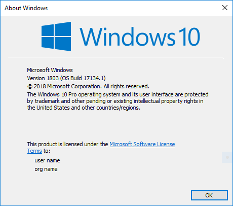 Windows 10 April 2018 Update OS Version 1803 Build 17134