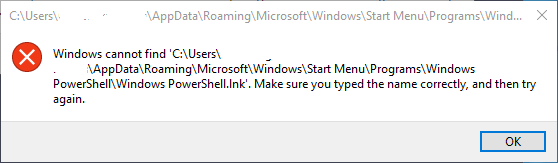Windows Cannot Find PowerShell.lnk