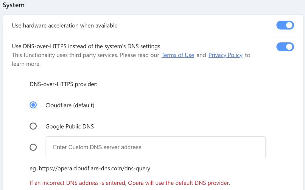 Opera DNS over HTTPS