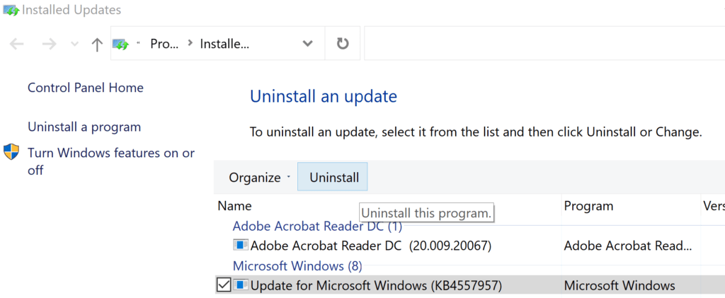 Uninstall Update in Windows